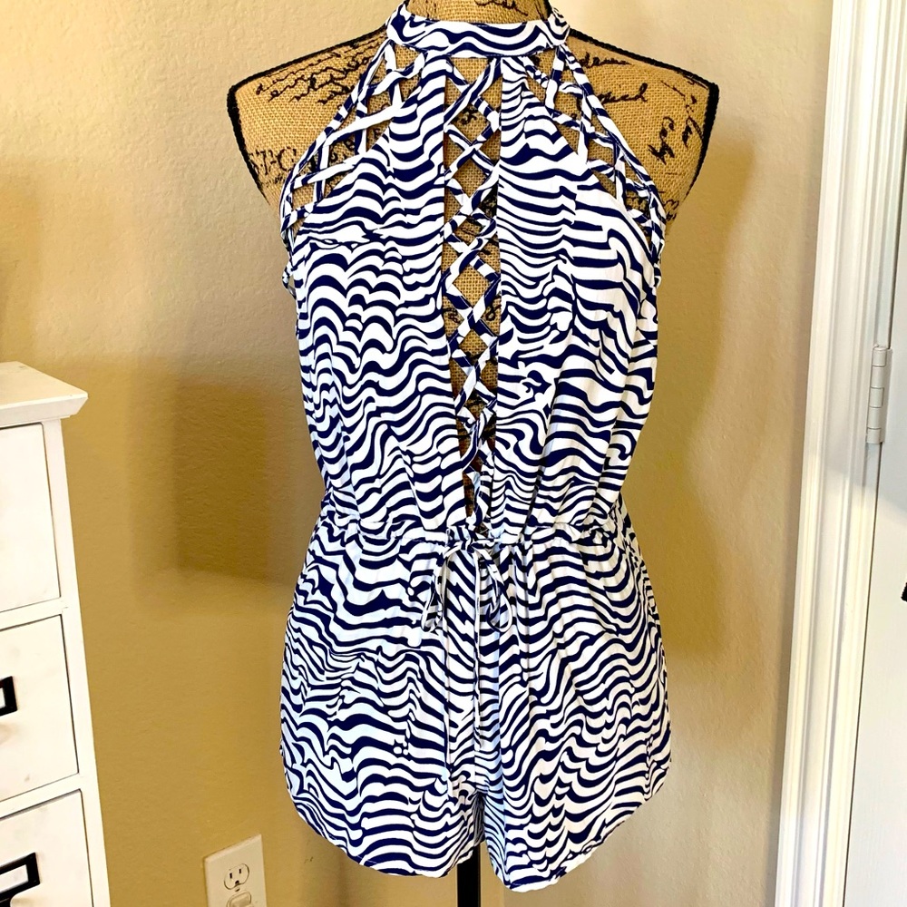 LF MILLAU : Navy & White Animal Print Halter Romper